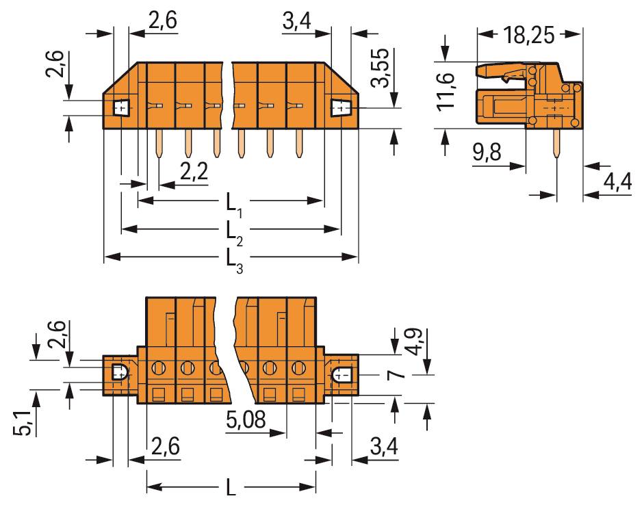 'Teknisk ritning av en orange elektrisk komponent med detaljerade mätningar och dimensioner angivna i millimeter.'
