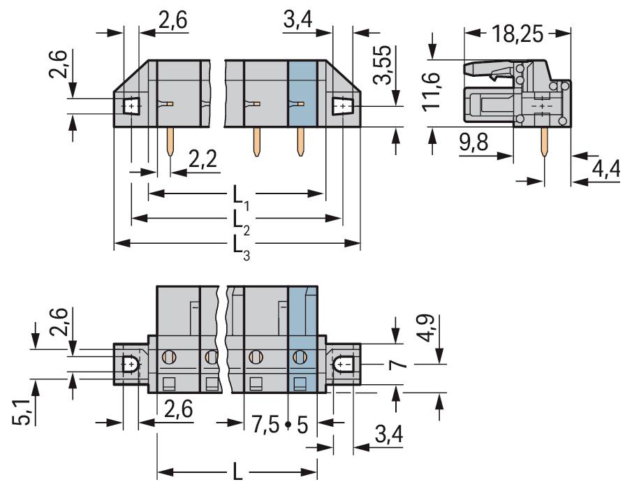 Teknisk ritning av en elektrisk kontakt med dimensioner i millimeter, som visar front-, sido- och toppvyer med olika mått.