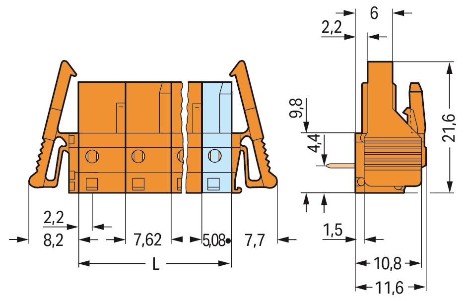 Teknisk ritning av en elektrisk kontakt med mätningar: 2,2, 8,2, 7,62, 5,08, 7,7, 2,2, 2,2, 6, 21,6, 9,8, 4,4, 1,5, 10,8, 11,6.
