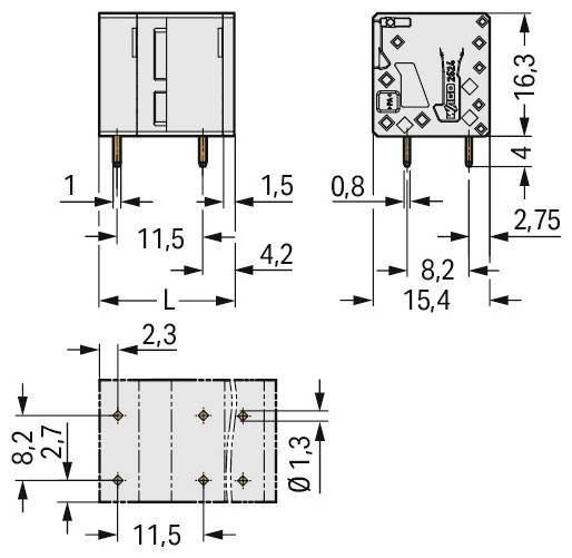 Teknisk ritning av en elektronisk komponent med mätningar. Visar olika vyer, dimensioner och placering av anslutningsstift.