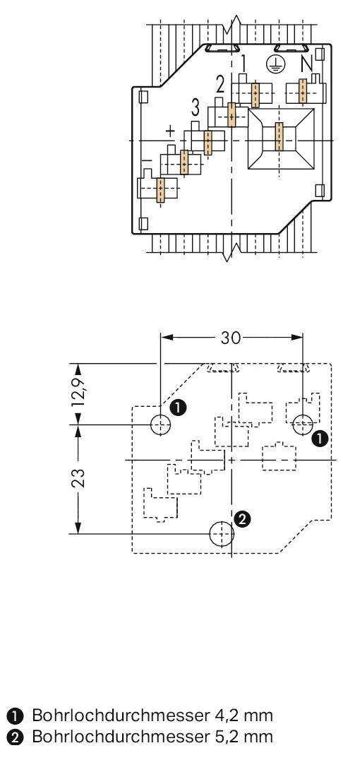 Diagram av en elektrisk komponents kontur med märkta monteringshål. Etiketter visar hålets storlekar: '4,2 mm' och '5,2 mm'.