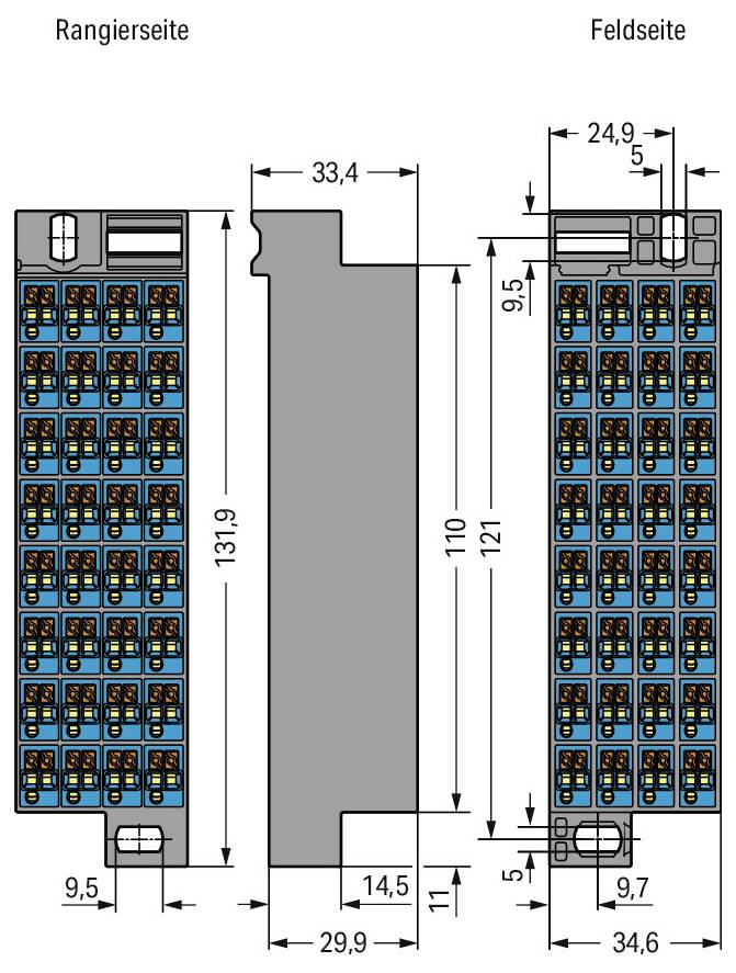 Teknisk ritning av en elektrisk kontakt, som visar dimensioner: bredd 19,4 mm, höjd 19 mm, avstånd mellan kontaktstift 7,5 mm.