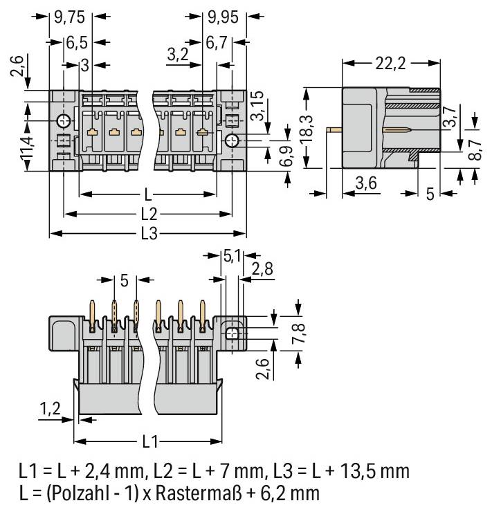 En diagram av en elektrisk kontakt med stift märkta 1x1. Mätningar tillhandahålls: bredd (2,8, 3,5), längd (L), höjd (3,1, 4,35, 4,5, 8,5, 10,3).