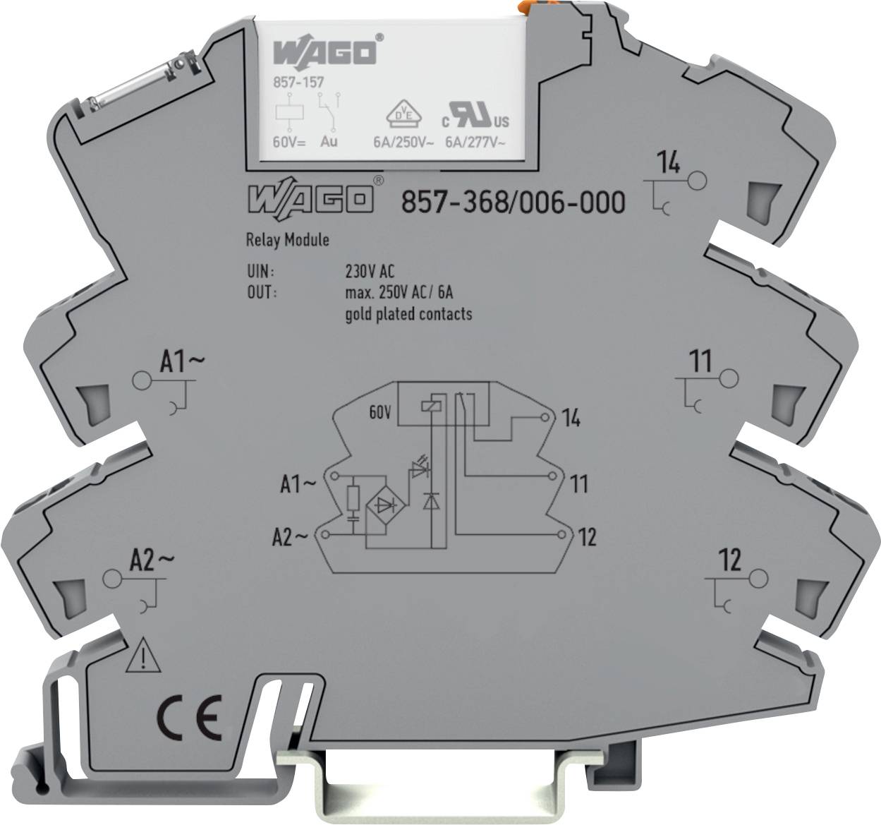 WAGO Relemodul 857-368/006-000, 230V AC, 6A, förgyllda kontakter. Innehåller ingångs- och utgångsanslutningspunkter och certifieringssymboler.