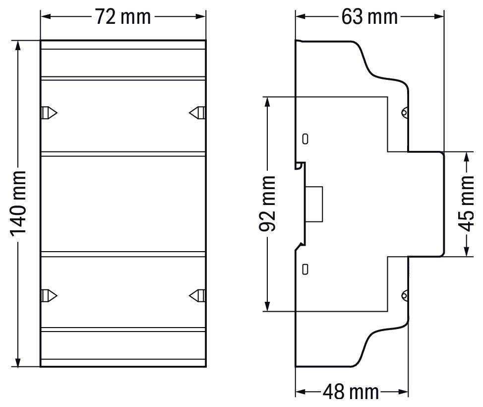 Teknisk ritning av en enhetshölje. Frontvy dimensioner: 140 mm gånger 72 mm. Sidovy dimensioner: 92 mm gånger 63 mm, djup 48 mm.