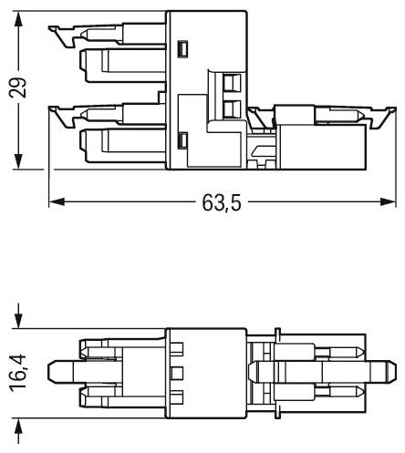 Diagram av en elektrisk anslutning med mått: bredd 63,5 mm, höjd 29 mm, djup 16,4 mm, som visar två olika vyer.