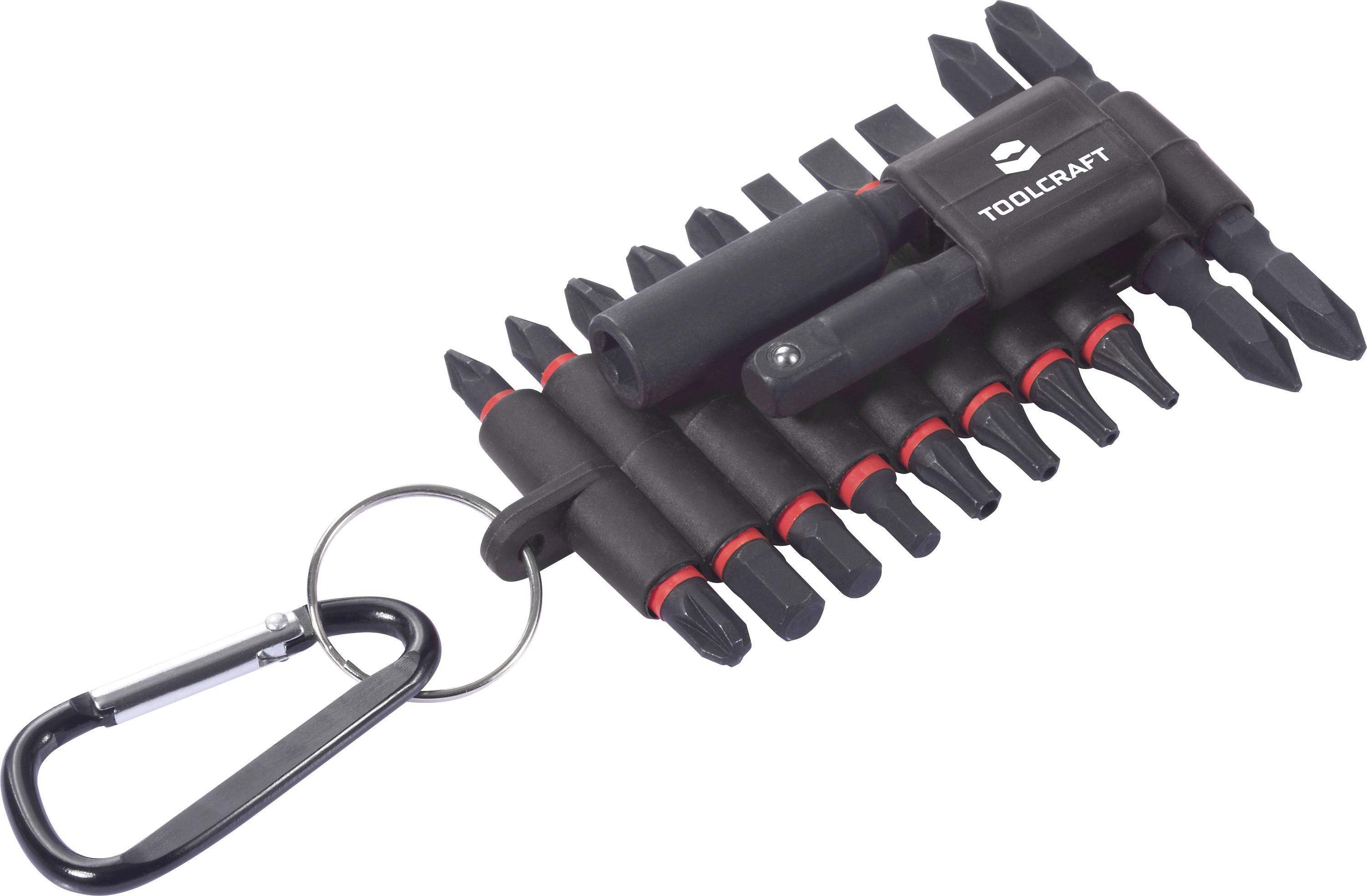 Svart Toolcraft multi-bitsskruvmejsel i kompakt hållare, fäst vid nyckelring och karabinhake.