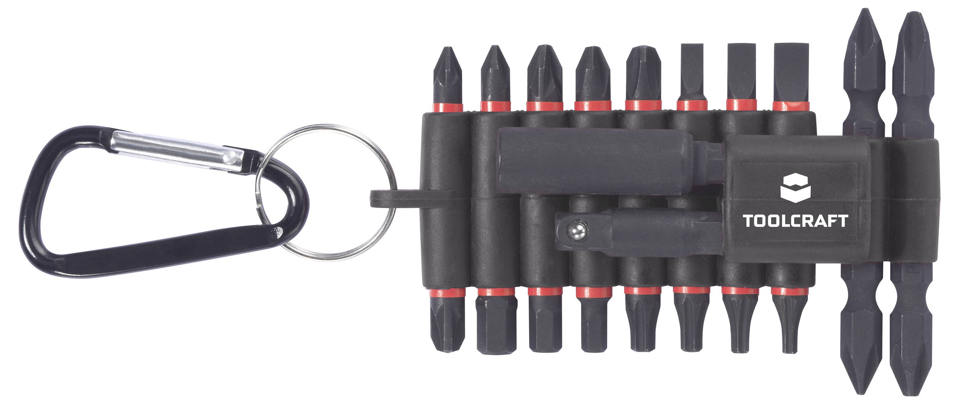 Svart karabinkrok fäst vid en ToolCraft multibit-skruvmejseluppsättning med flera olika bitar lagrade i ett kompakt förvaringsfack.