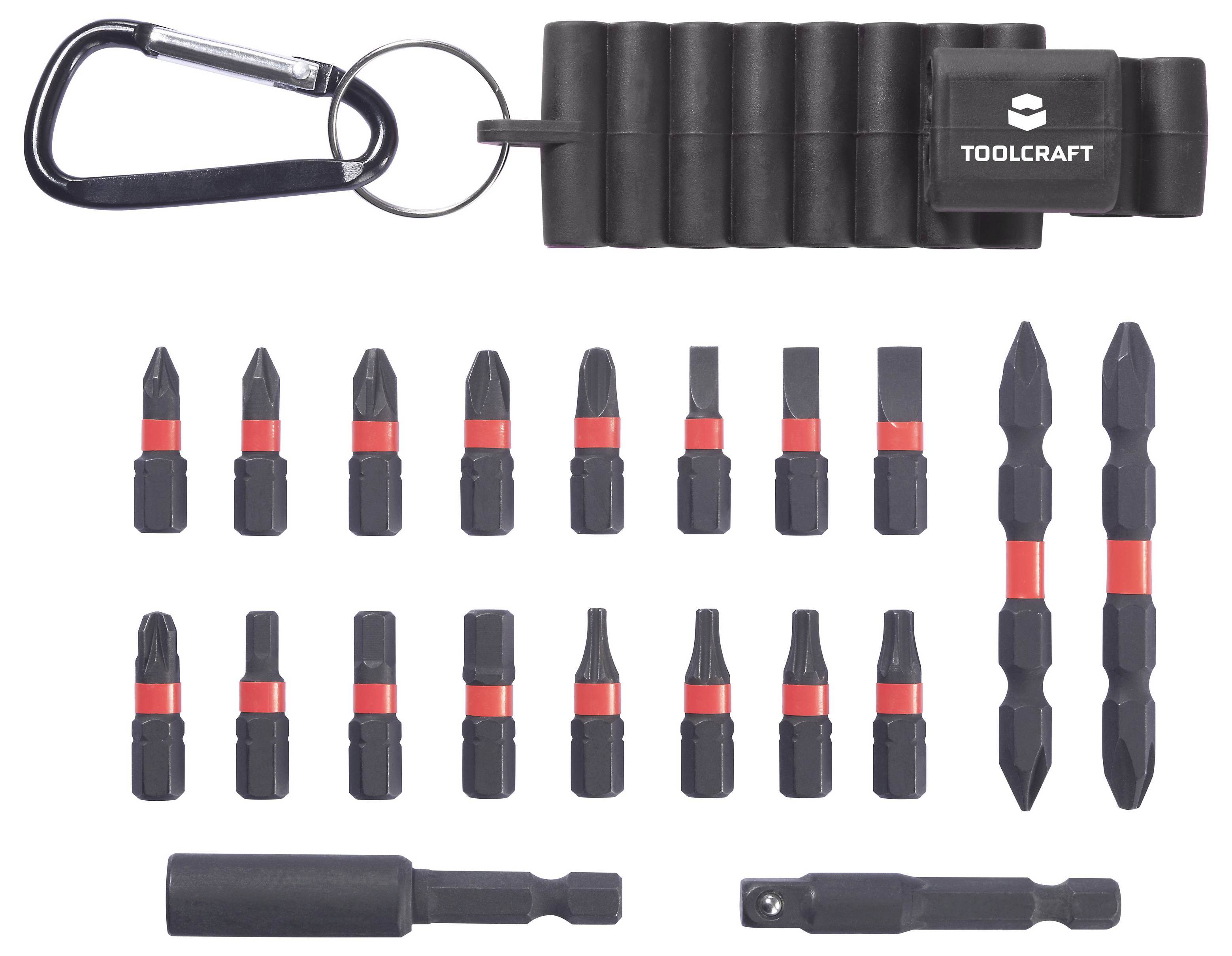 Toolcraft nyckelknippverktyg med karabin-väska, 18 skruvdragare och bits, plus två bitshållare.