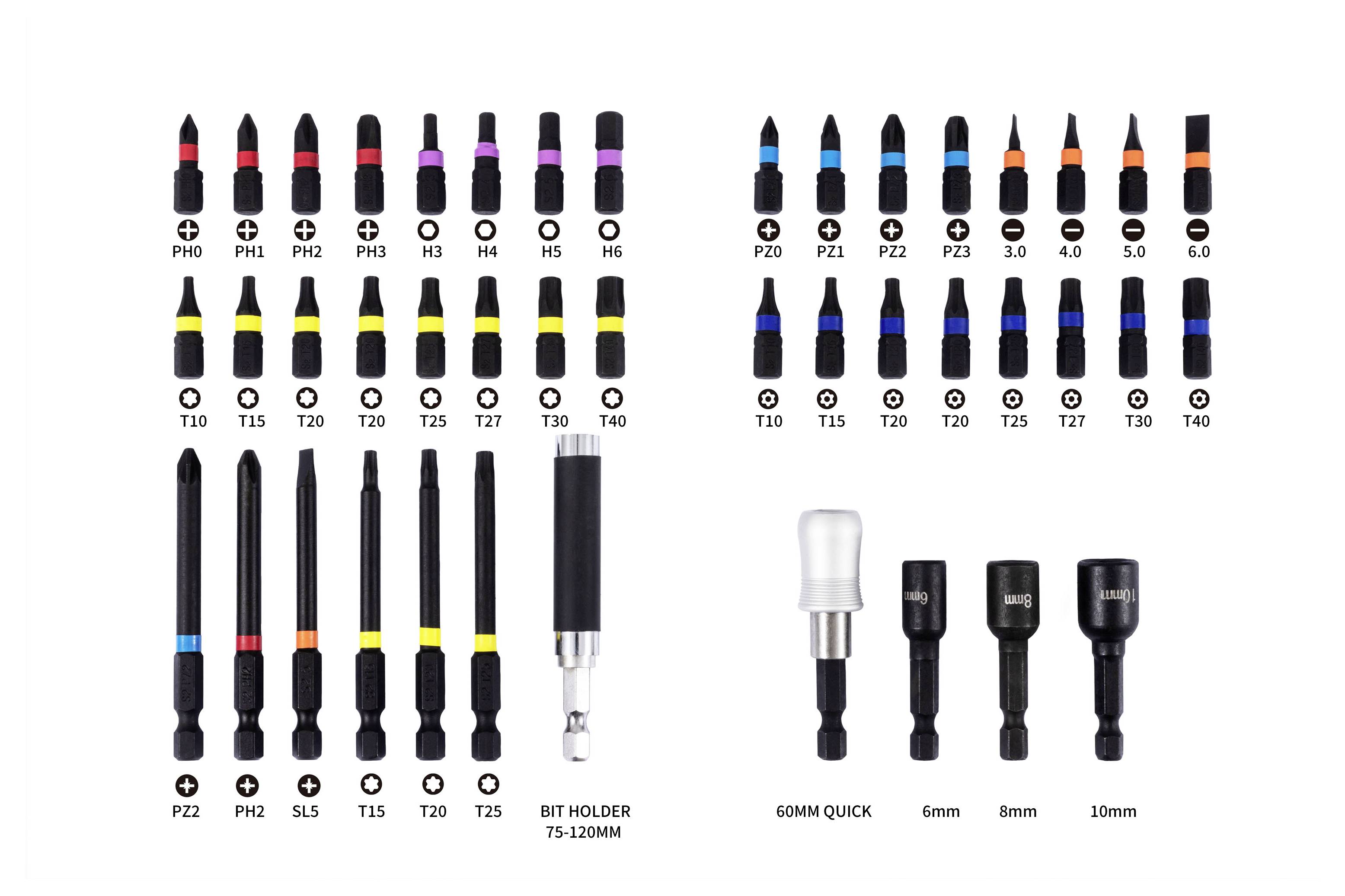 Diagram över skruvmejselspetsar och socketbitar, märkta Phillips, Pozidriv, Torx, hex och bithållarstorlekar, plus snabbfrisättnings-socketadaptrar i 60mm, 6mm, 8mm och 10mm.