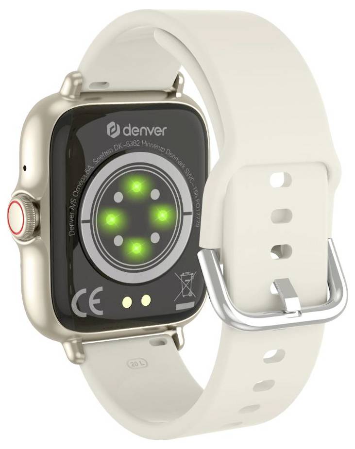 En smartklocka med ett beige armband som visar en baksida med gröna sensorljus och märkesnamnet "denver" på baksidan.