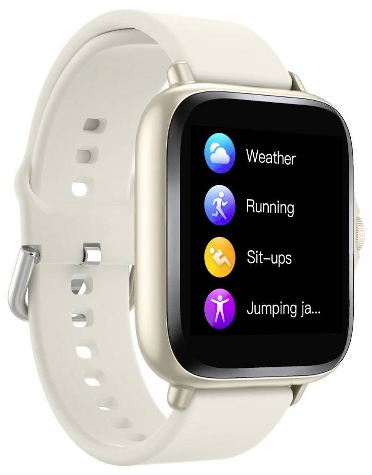 En smartwatch som visar en meny med alternativ för "Väder", "Löpning", "Situps" och "Jumping jacks". Klockan har ett cremefärgat band.