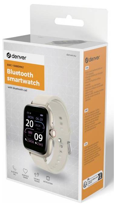 En box innehållande en vit Denver Bluetooth smartwatch med digital skärm, utrustad med hälsöspårningsappar och samtalsfunktionalitet.