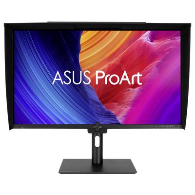En monitor som visar vibrerande abstrakt konst i blå, orange och rosa vågor med texten "ASUS ProArt" i mitten av skärmen.