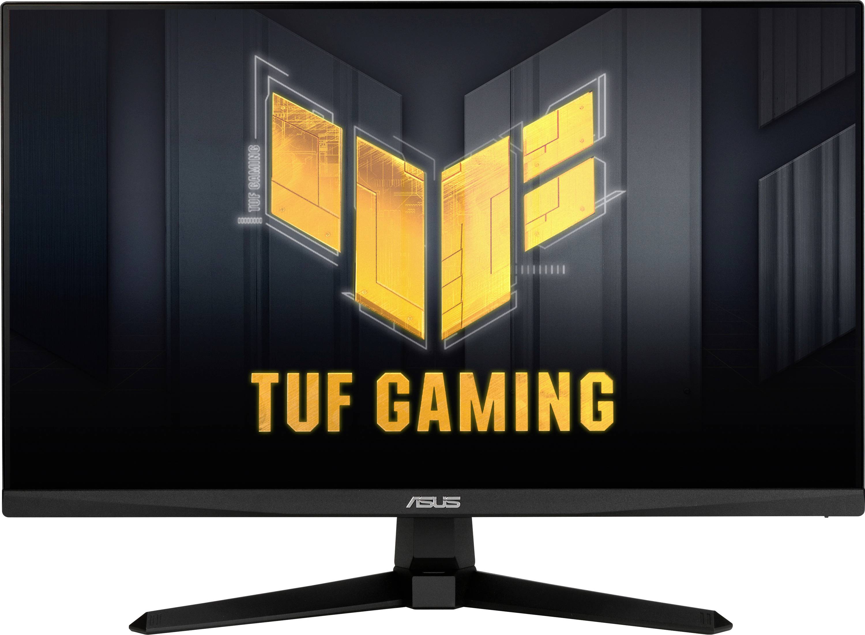 En speelskärm som visar logotypen "TUF Gaming" i ljusgult och orange på en mörk skärm, med märket Asus på stativet.