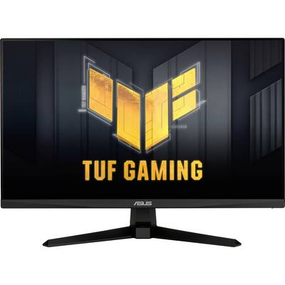 En speelskärm som visar logotypen "TUF Gaming" i ljusgult och orange på en mörk skärm, med märket Asus på stativet.
