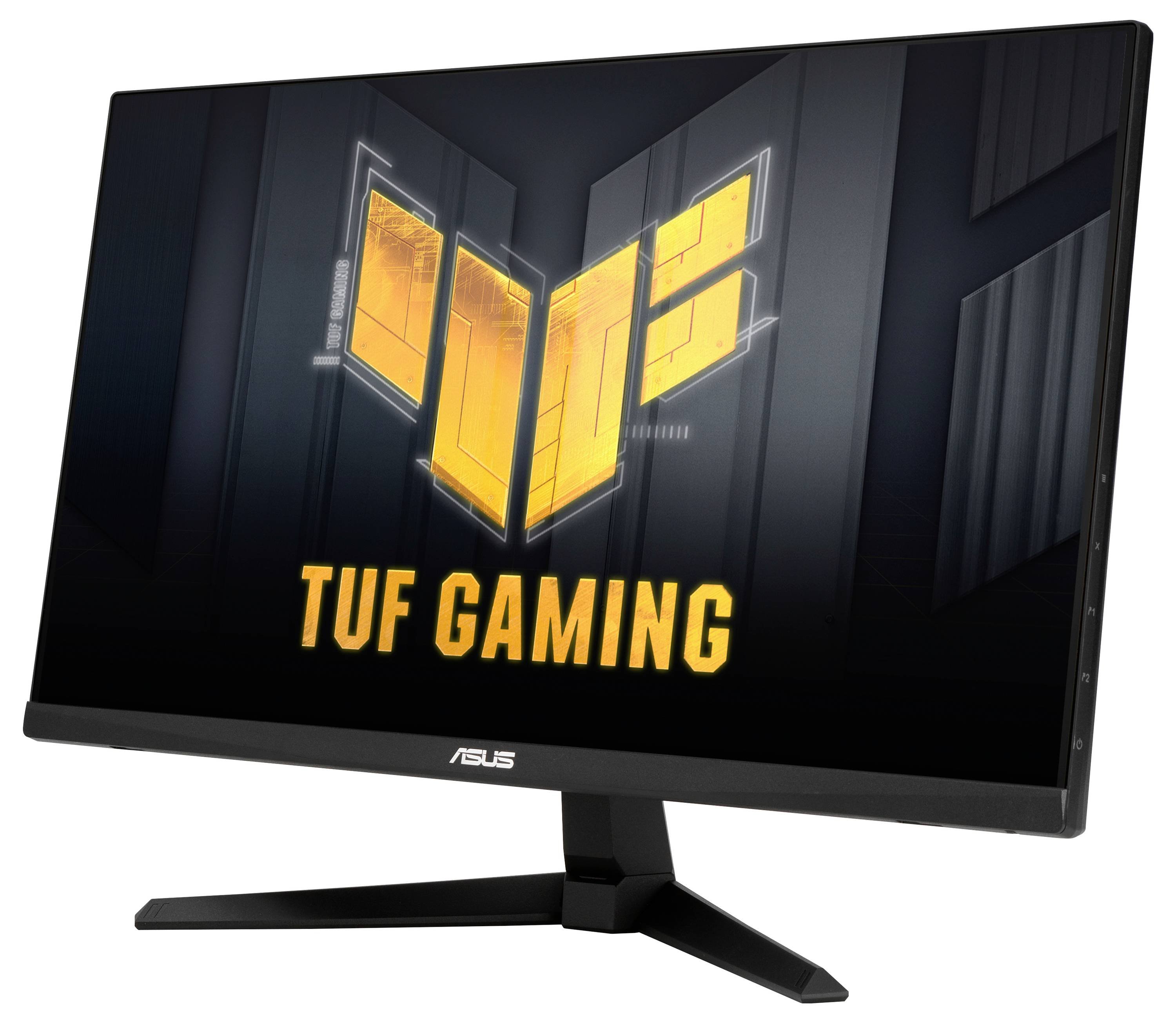 Asus TUF Gaming-monitor med stativ, med en skärm som visar TUF Gaming-logotypen på en mörk, abstrakt bakgrund.