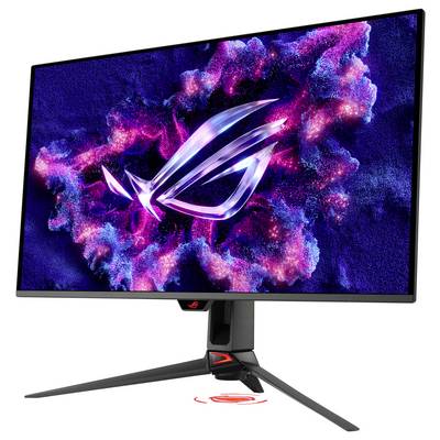 En spölarskärm med en färgglad, futuristisk design på skärmen, med ASUS ROG-logotypen i neonfärger omgiven av ett kosmiskt mönster.