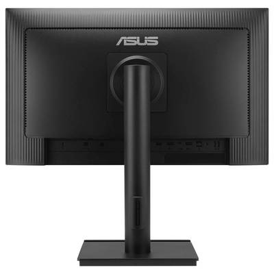 'Bakvy av en ASUS-datorskärm som visar stativet, portarna och skärmhöljet med ASUS-logotypen.'