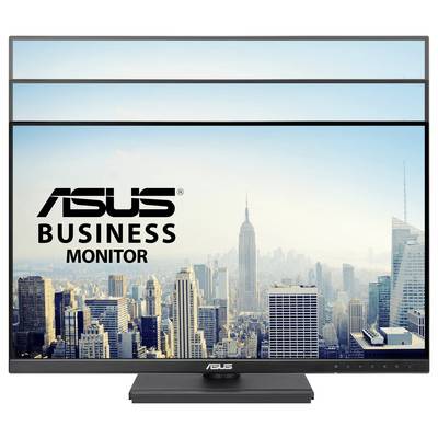 "ASUS Business Monitor" visas ovanför en stadshimmel med skyskrapor.