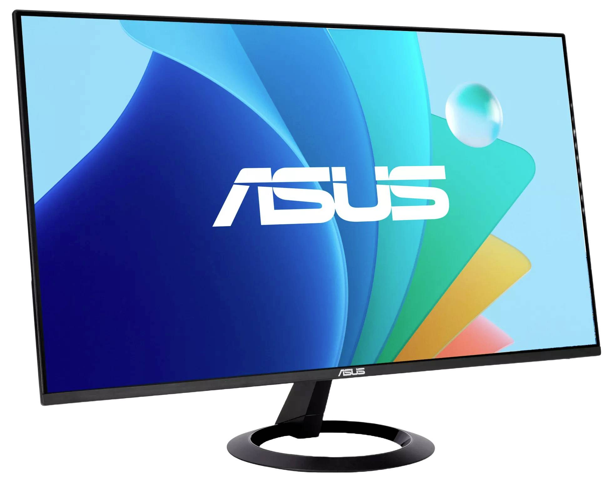 En snygg Asus-skärm med en vibrerande flerfärgad skärm som visar Asus-logotypen, vilket betonar dess moderna och minimalistiska design.