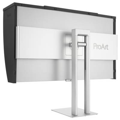 "ProArt"-monitor baksidesvy som visar ett elegant silvergrått stativ och en mörk ram. Designad för stabilitet och modern estetik.