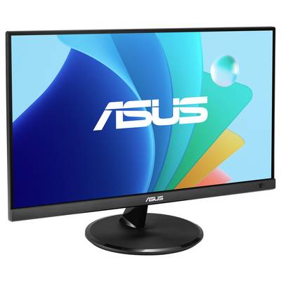 En bredslig datorskärm som visar "ASUS"-logotypen, med en elegant svart ram och ett cirkulärt stativ. Skärmen visar en vibrerande, abstrakt bakgrund.
