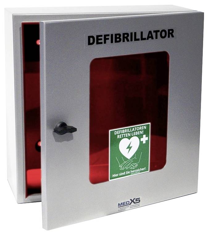 Väggmonterad defibrillatorskåp med en rödfärgad glaskdörr och en "DEFIBRILLATOR"-etikett på framsidan.