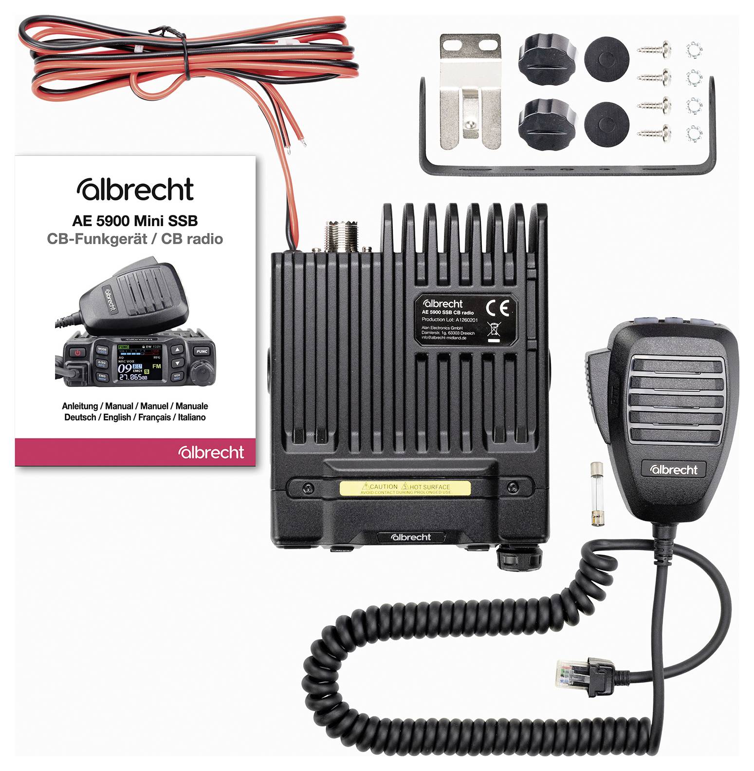 Albrecht AE 5900 Mini SSB CB-radiokit med huvudenhet, handhållen mikrofon, ledningar, monteringsutrustning och instruktionsmanuallåda
