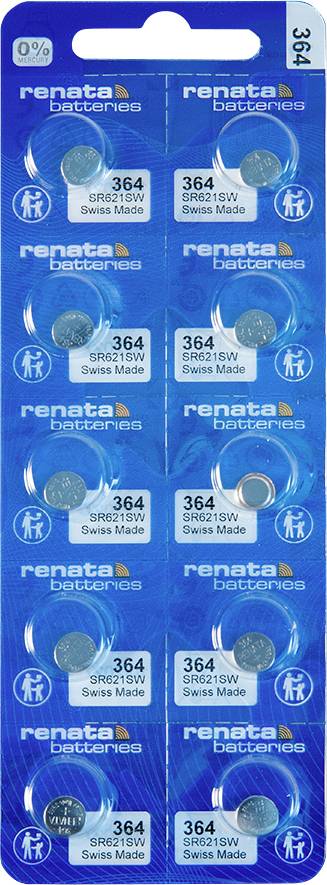 En förpackning med åtta Renata 364 SR621SW klocsbatterier märkta "Swiss Made". Förpackningen har blå och vita färger, med text som anger 0% Hg.