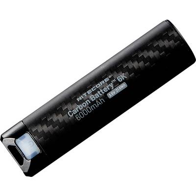 Uppladdningsbar Nitecore-batteri märkt "Carbon Battery 6K", 6000mAh kapacitet, designad för högsta effektivitet och hållbarhet.