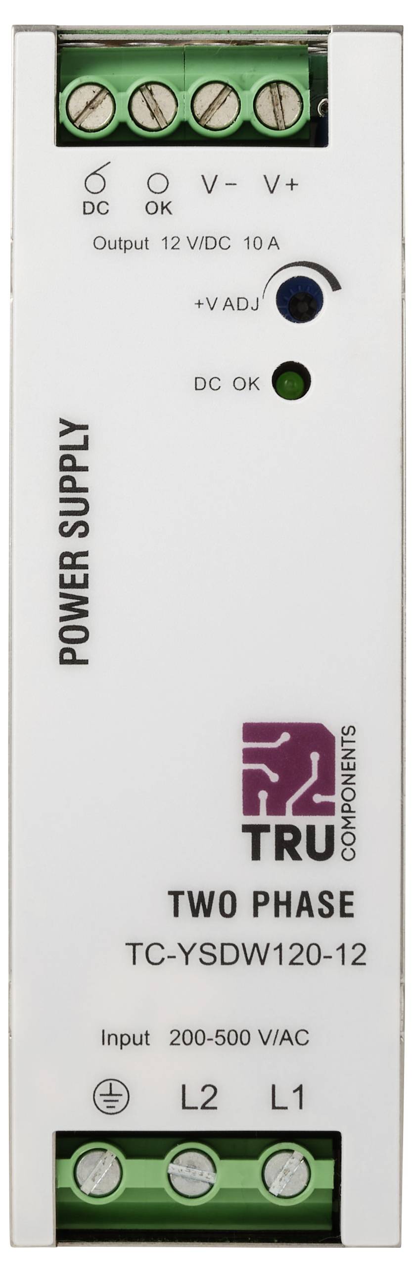 Tru Components tvåfasig strömförsörjningsenhet, märkt 12V DC 10A, med ingång 200–500 VAC och utgångsterminaler.