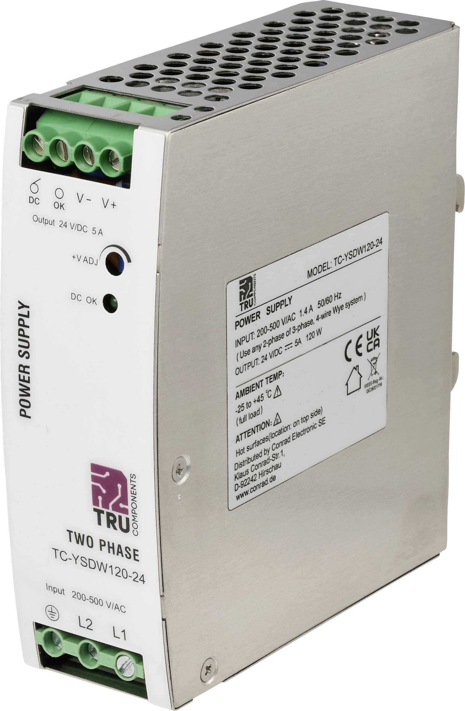 TRU COMPONENTS TC-14556828 DIN-skena nätaggregat Förbrukning (standby) 2.5 W 24 V/DC 5 A 120 W Antal utgångar:1 x Innehåll 1 st