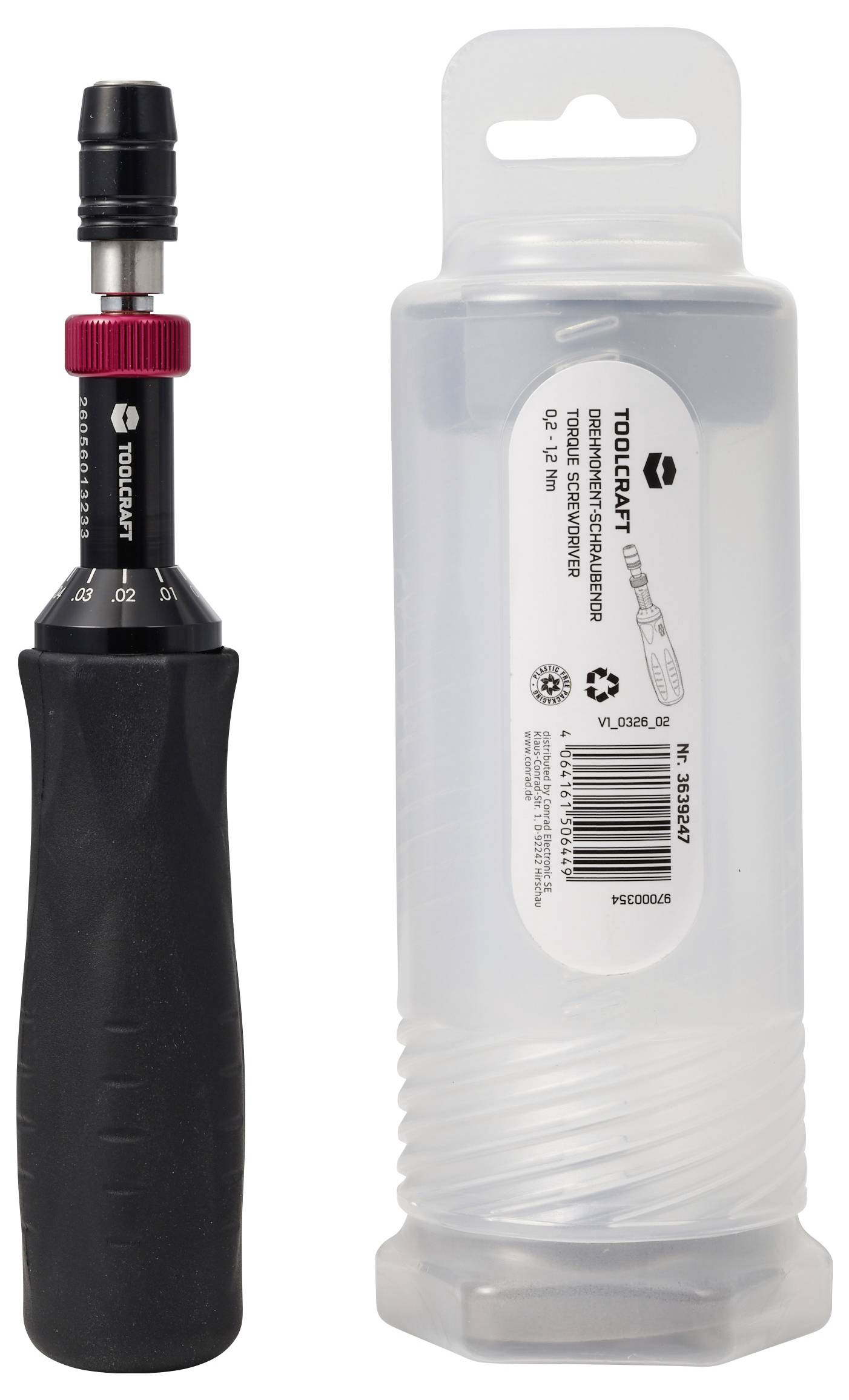 Handverktyg med svart handtag och röd justeringsring bredvid transparent plastlagringsfodral märkt TOOLCAT för en momentnyckeluppsättning.