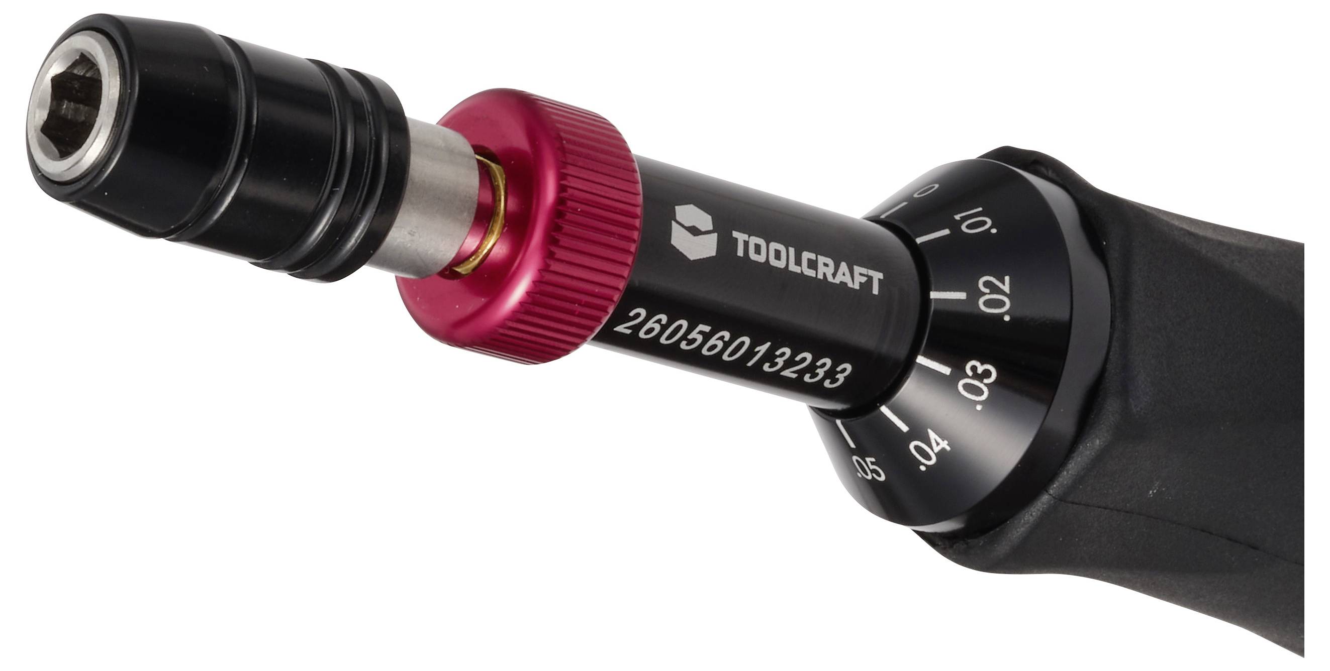 Närbild av en TOOLCRAFT momentnyckelns justeringsknapp med numrerad skala och röd låsning på ett svart verktygshandtag.