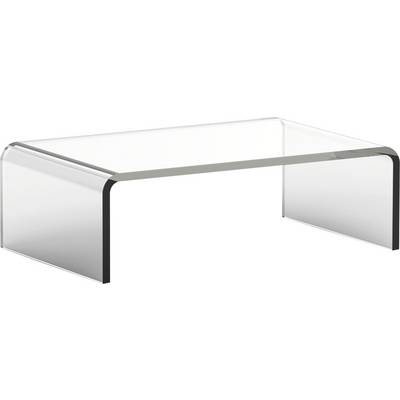 Ett klart glasbord med rundade hörn och genomskinliga ben.