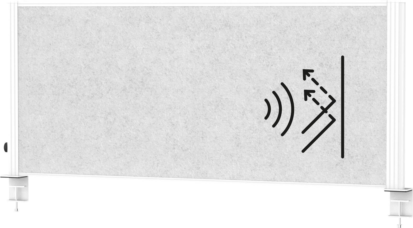 En ljudabsorberande panel med minimalistisk design visas. Den innehåller en ljudvågsgrafik som indikerar bullerdämpningsfunktionalitet.