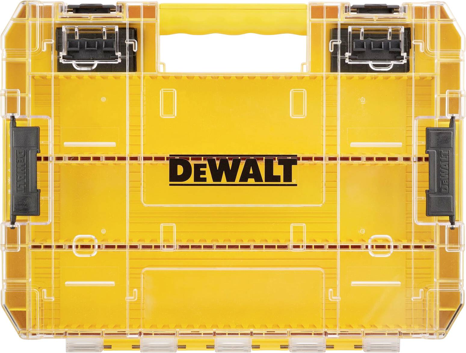 Gul Dewalt verktygslåda med transparent lock, utrustad med svart handtag och spärrar.