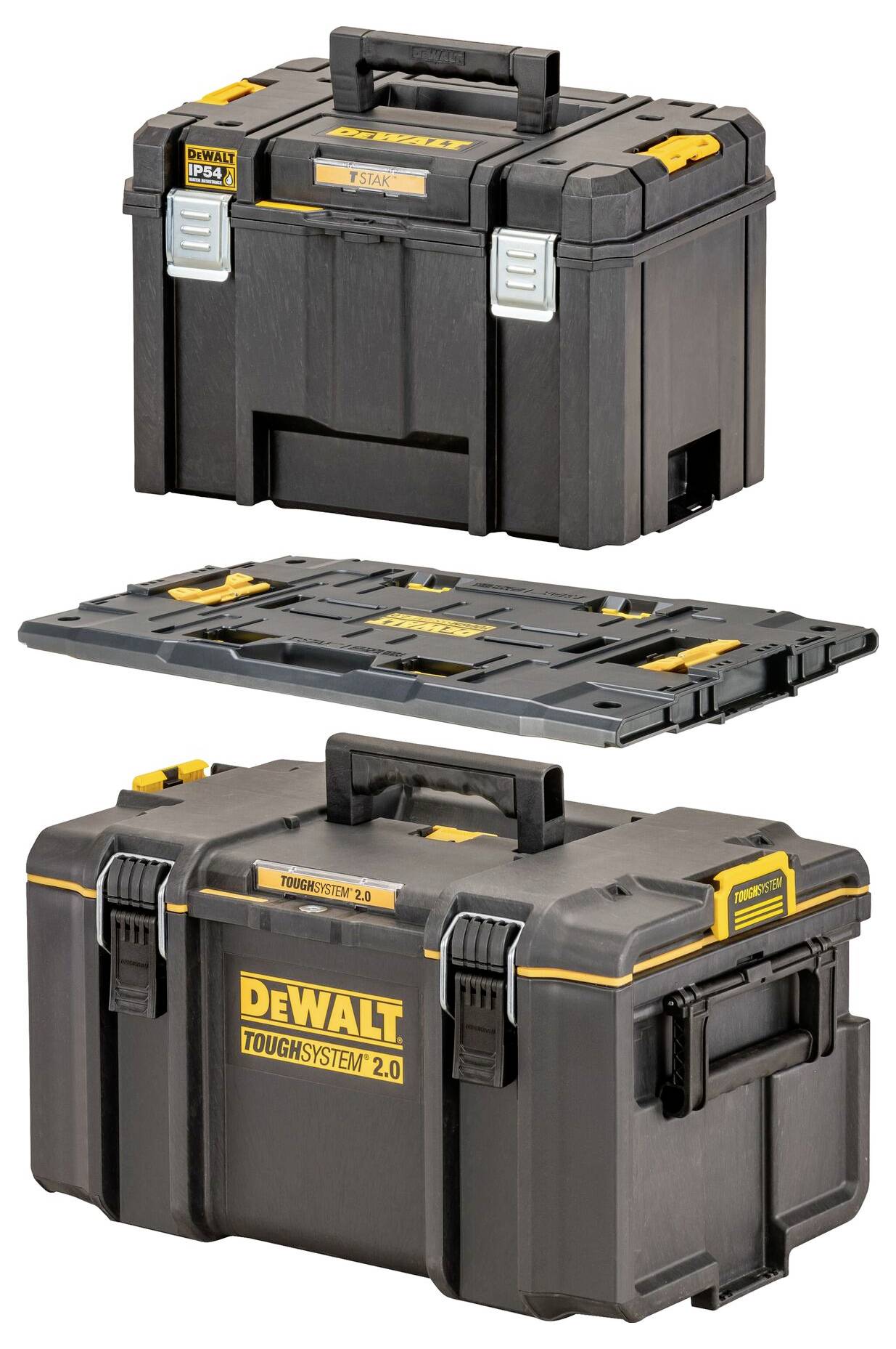 Tre svarta och gula DeWalt ToughSystem 2.0-verktygslådor: en öppen, en stängd, som visar robust handtag och staplingsfunktion.