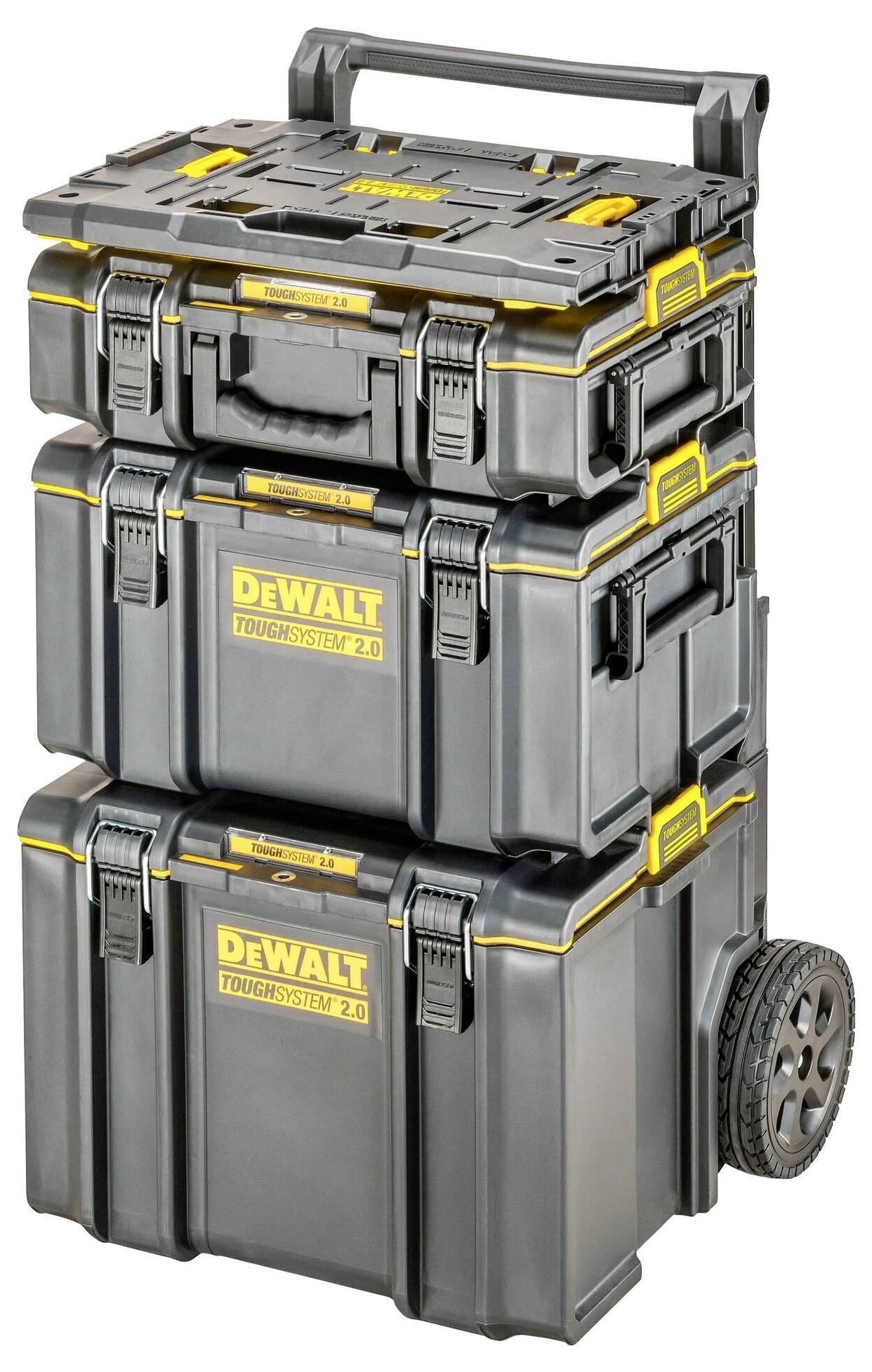 Tre staplade svarta DeWalt-verktygslådor på hjul, märkta "TOUGH SYSTEM 2.0", med ett handtag på toppen, utformade för portabilitet och lagring.