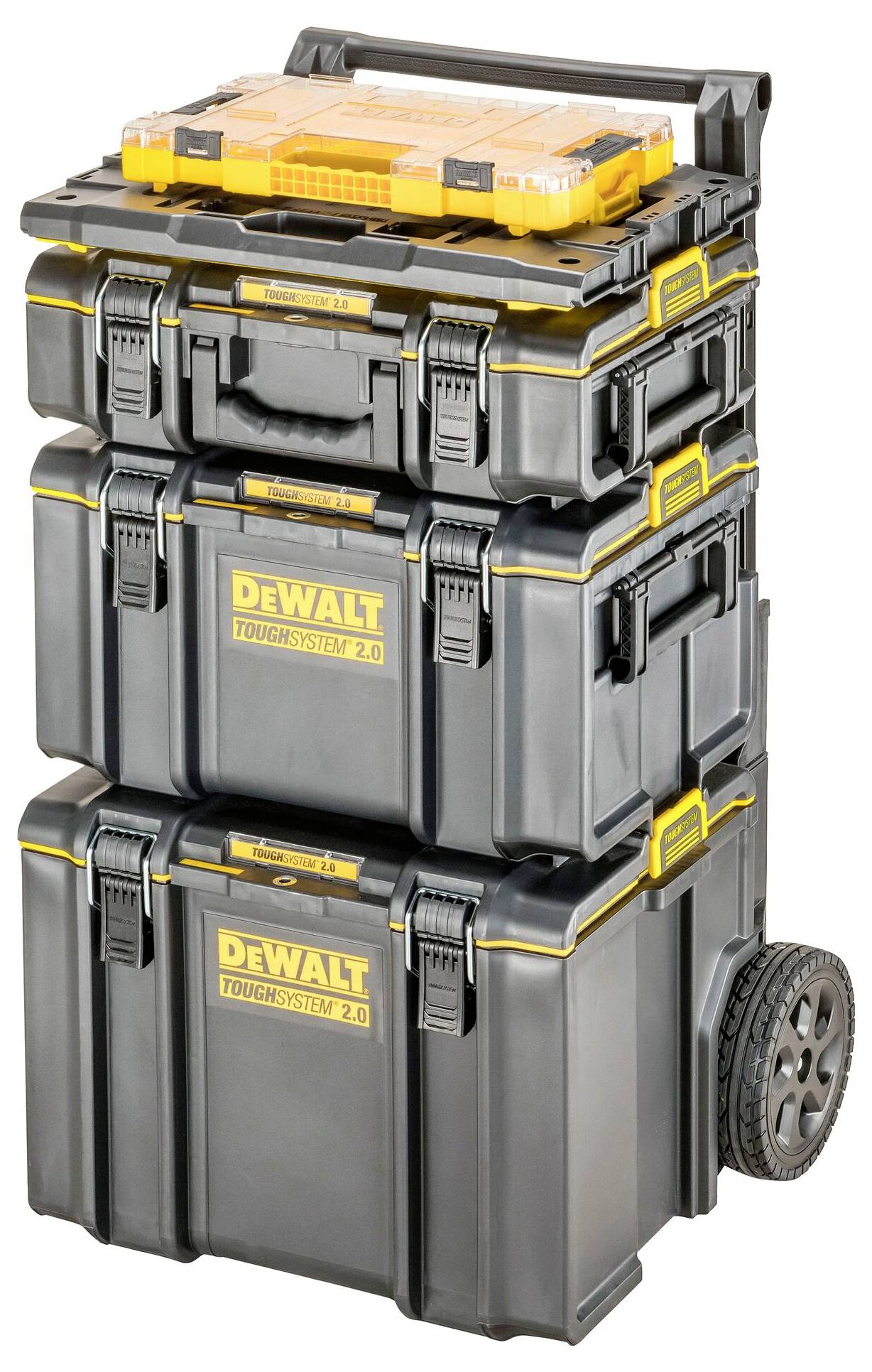 'Stapelbara modulära verktygslådor med hjul, märkta DeWalt ToughSystem 2.0, designade för portabel verktygsorientering och transport.'