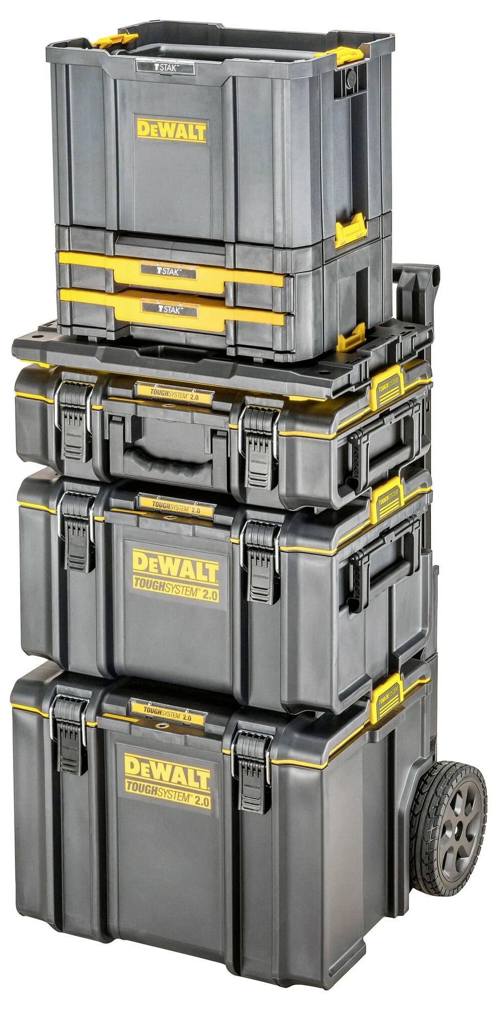 En stapel av fyra svarta och gula DEWALT-verktygslådor på en hjuld vagn, i varierande storlekar, med DEWALT-logotypen, designad för rörlighet.