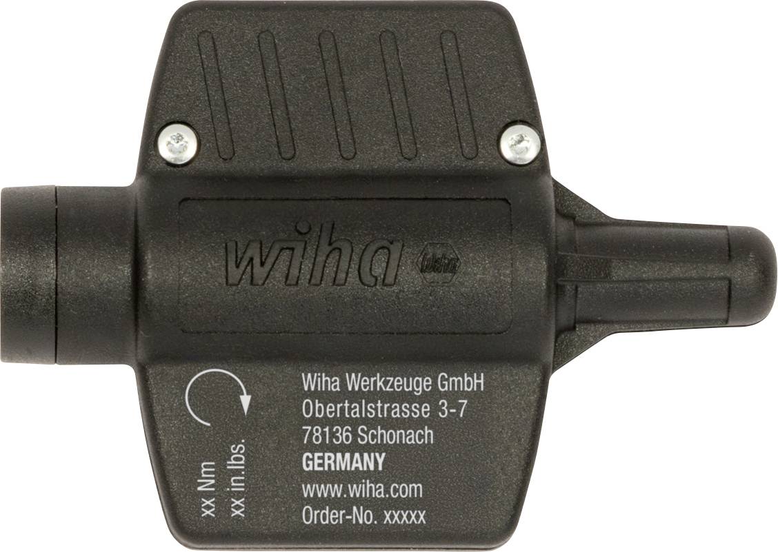 Svart vridmomentverktyg med "Wiha"-logotyp, mätinställningar på sidan och tillverkarinformation inklusive adress i Tyskland.