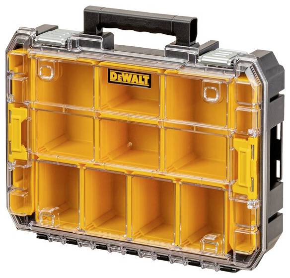 En gul och transparent plastverktygorganisatör med ett svart handtag, med en "DeWalt"-logotyp på framsidan, designad för lagring och portabilitet.