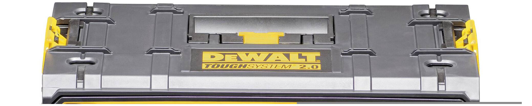 En grå och gul verktygslåda med ett centralt handtag och logotypen "DeWALT ToughSystem 2.0" framträdande på locket.