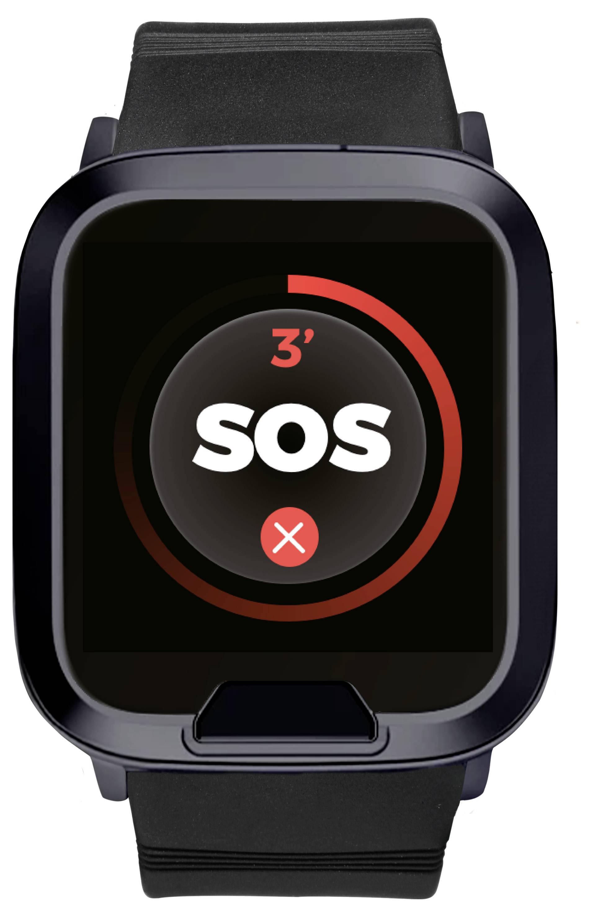 Smartwatch visar en "SOS"-nödvarning med en nedräkningstimer på 3 sekunder. Svart och röd gränssnittdesign.
