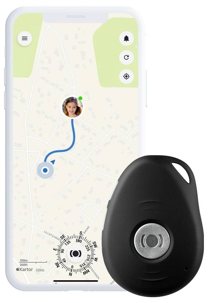 En smartphoneskärm visar en karta med en blå vägledningslinje och en bild i slutet. En liten svart GPS-spårare visas bredvid telefonen.