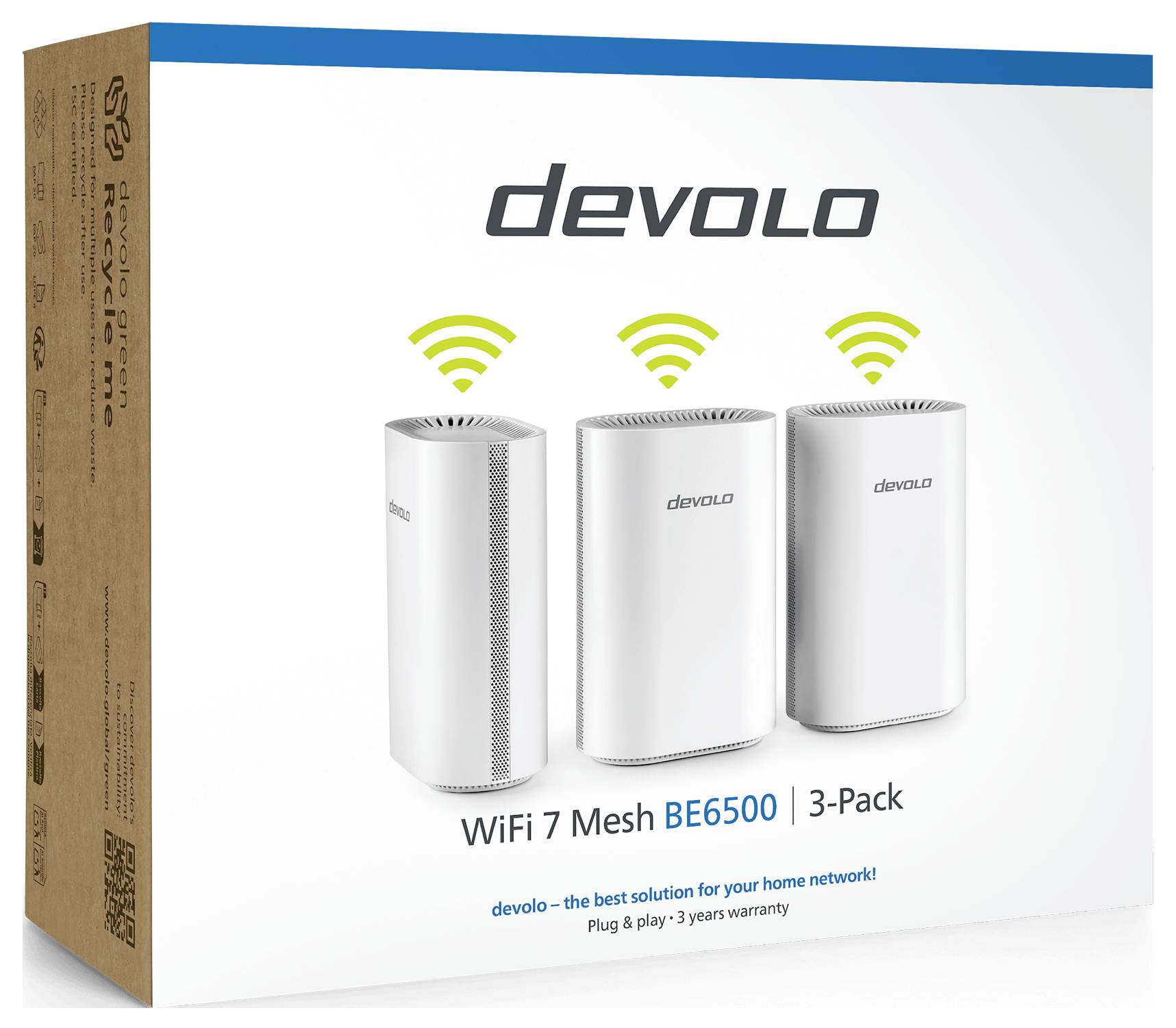 'Bild av en Devolo WiFi 7 Mesh BE6500 3-Pack låda, som visar tre vita mesh-enheter. Text framhäver WiFi-funktioner och garanti.'
