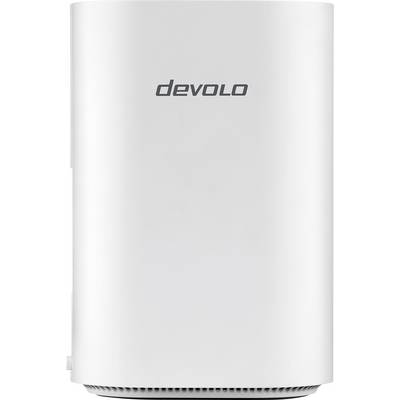 En vit Devolo WiFi-repeater med minimalistisk design, som visar Devolo-logotypen i svart text på framsidan.