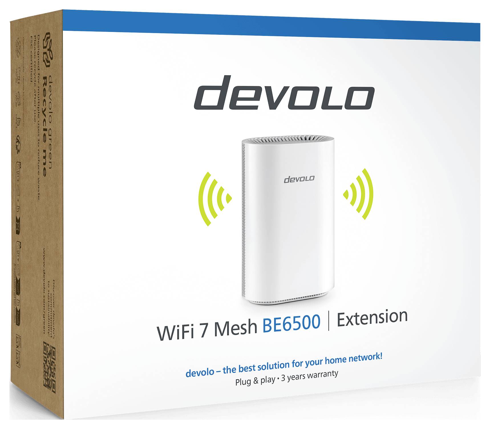 'Devolo WiFi 7 Mesh BE6500 Extension' enhetslåda som marknadsför sömlös förbättring av hemmanätverket. Inkluderar plug-and-play-installation och 3-års garanti.